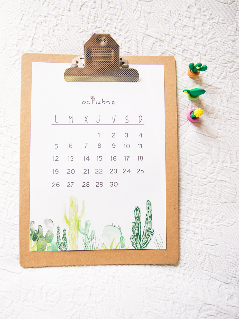Calendario descargable de octubre cactus